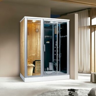 Sauna moderne avec douche intégrée dans une pièce lumineuse.