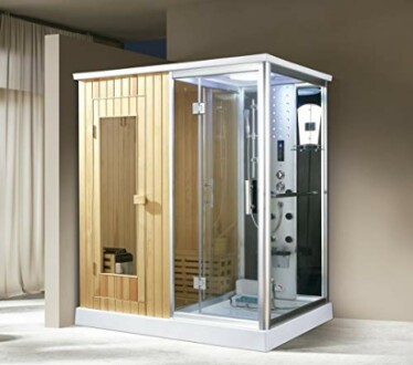 Sauna moderne avec douche intégrée.