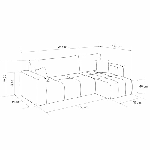 Croquis de canapé sectionnel moderne avec dimensions en centimètres.