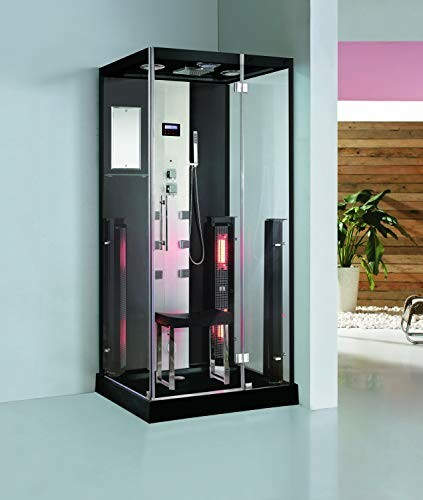Cabine de douche moderne avec panneaux en verre et accessoires.