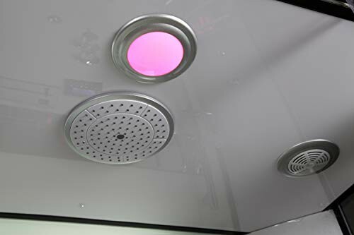Douche moderne avec éclairage LED et haut-parleur intégré.