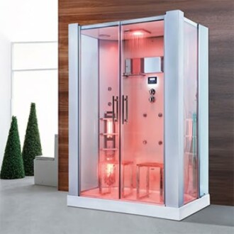 Cabine de douche moderne avec éclairage rouge.
