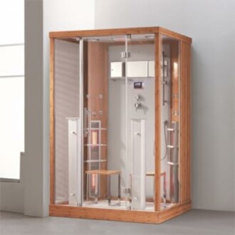 Cabine de douche à vapeur moderne avec cadre en bois.