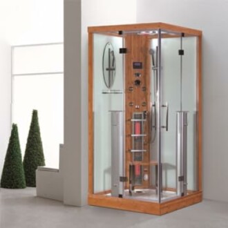 Cabine de douche à vapeur moderne avec finition en bois.