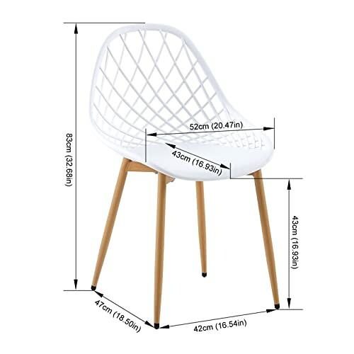 Chaise moderne blanche avec pieds en bois et mesures indiquées.