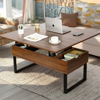 Table basse en bois moderne avec rangement et ordinateur portable.