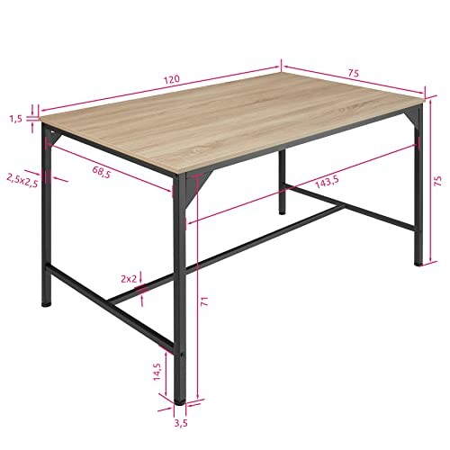 Table en bois moderne avec structure métallique et dimensions indiquées.