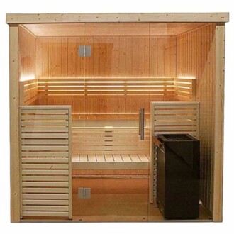 Cabine de sauna moderne en bois avec éclairage.