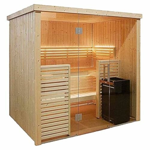Cabine de sauna moderne en bois avec porte en verre.