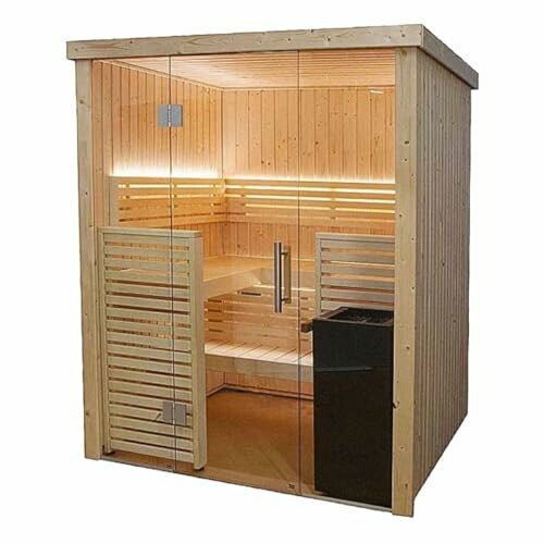 Sauna moderne en bois avec porte en verre.