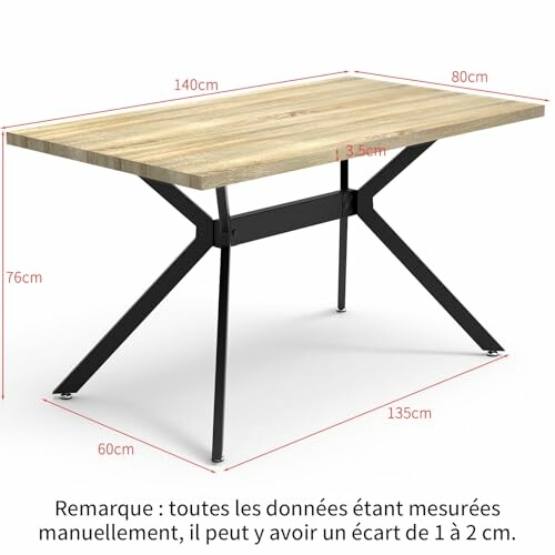 Table en bois moderne avec pieds en métal, dimensions indiquées.