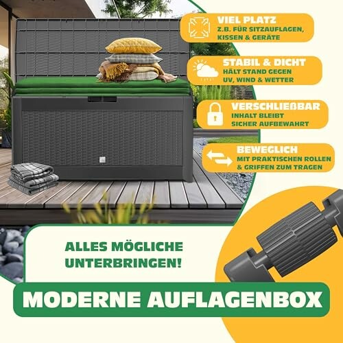 Boîte de rangement moderne pour extérieur avec coussins et accessoires.