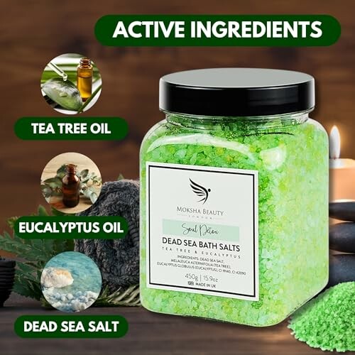 Sels de bain Moksha Beauty avec huiles d'arbre à thé et d'eucalyptus.