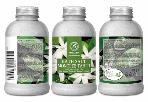 Trois bouteilles de sel de bain Monoi de Tahiti avec fleurs blanches
