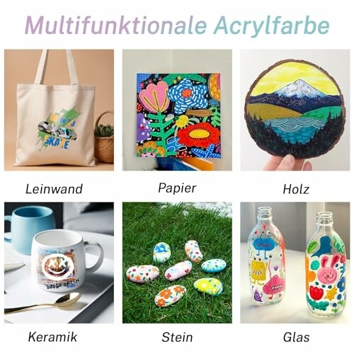 Exemples d'utilisation de peinture acrylique multifonctionnelle sur différents matériaux.