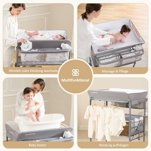 Station de soins multifonctionnelle pour bébé avec table à langer, baignoire et rangement.