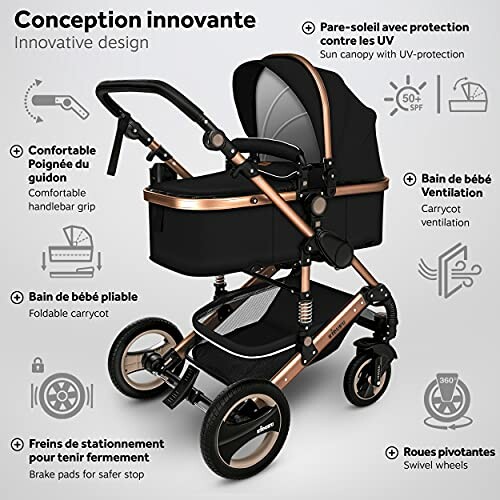 Poussette multifonctionnelle avec design innovant et protection UV.