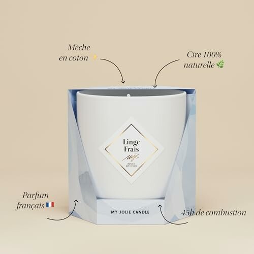 Bougie blanche avec étiquettes décrivant ses caractéristiques.