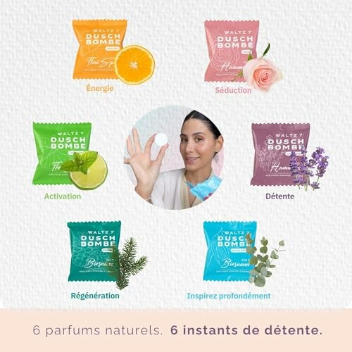Femme tenant une bombe de bain avec différents parfums naturels.