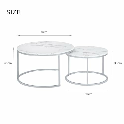 Deux tables basses rondes en marbre blanc, une grande et une petite, avec des dimensions indiquées.