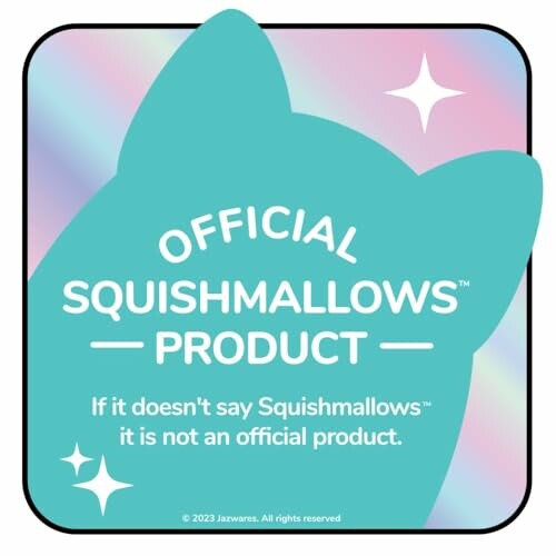 Étiquette de produit officiel Squishmallows avec fond coloré.