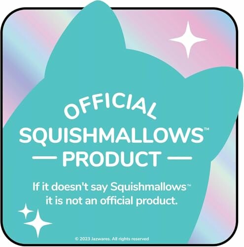 Étiquette de produit officiel Squishmallows avec silhouette de chat et texte.