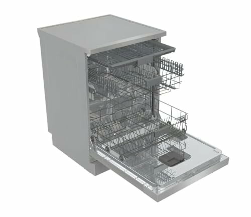 Lave-vaisselle moderne ouvert avec paniers visibles.