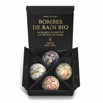Ensemble de bombes de bain biologiques dans une boîte noire.