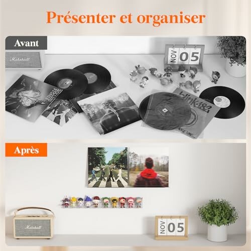 Comparaison avant et après de l'organisation de vinyles et figurines sur une étagère.