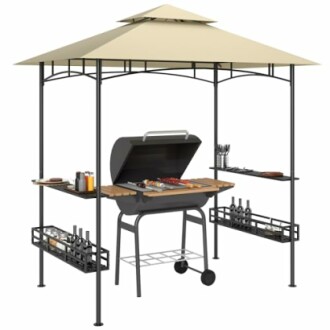 Gazebo de barbecue extérieur avec toit beige et grill.