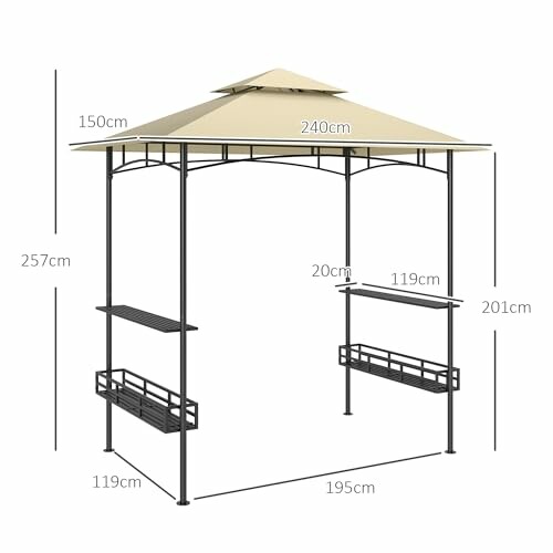 Gazebo de jardin avec étagères et dimensions.