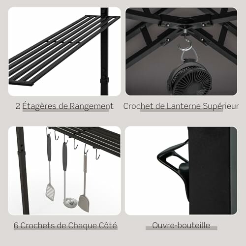 Accessoires de cuisine extérieure avec étagères et crochets.
