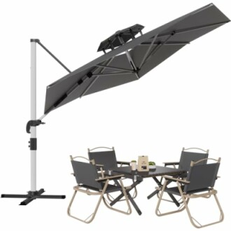 Parasol inclinable avec table et chaises d'extérieur