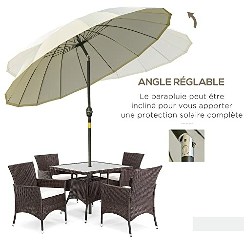 Ensemble de patio extérieur avec parasol réglable et chaises en osier.