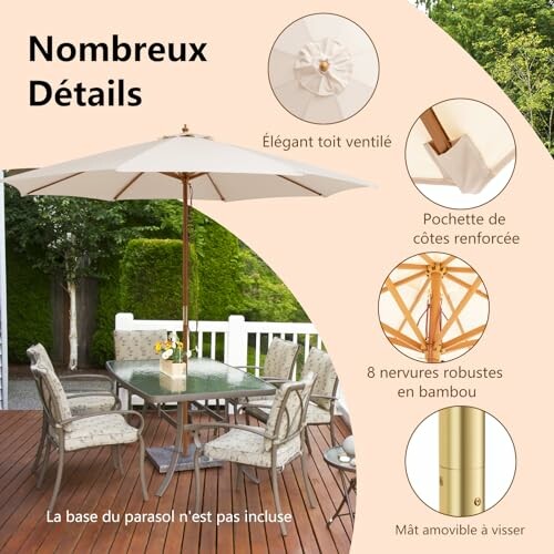 Parasol élégant sur terrasse avec meubles de jardin, détails en bambou.