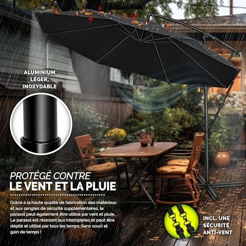 Parasol sur terrasse avec texte de protection contre vent et pluie.