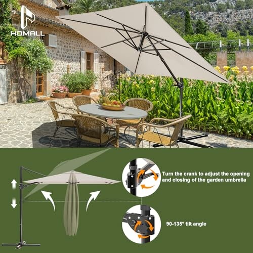 Parasol de jardin avec table et chaises sur terrasse en pierre.