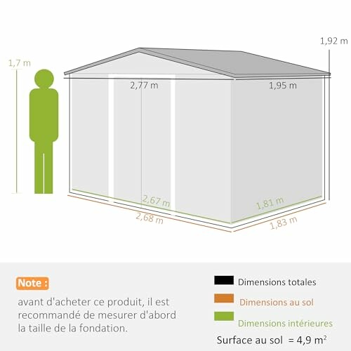 Schéma montrant les dimensions d'un abri de jardin.
