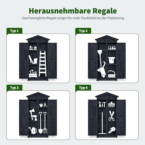 Quatre types d'étagères amovibles pour abri de jardin.