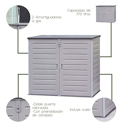 Armoire de rangement extérieure avec double porte renforcée et amortisseurs à gaz.