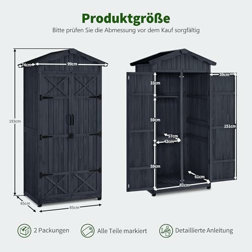 Dimensions d'un abri de jardin avec portes ouvertes et fermées.