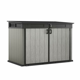 Abri de rangement extérieur avec portes fermées.