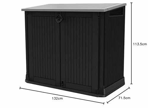 Abri de jardin noir avec dimensions indiquées.