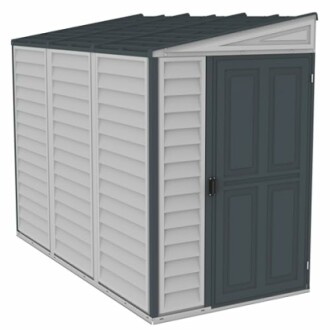 Abri de jardin en plastique avec porte fermée.