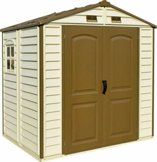 Abri de jardin en plastique avec portes marron.