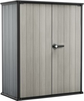 Abri de jardin en plastique avec porte fermée.