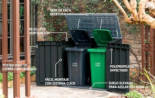 Rangement extérieur pour poubelles avec caractéristiques étiquetées.