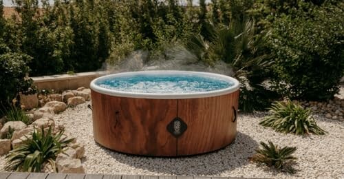 Jacuzzi extérieur en bois entouré de plantes.