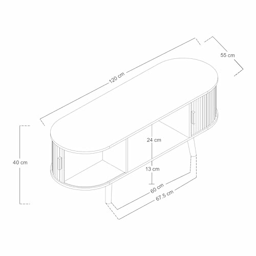 Schéma de dimensions d'un meuble ovale avec portes et étagères.