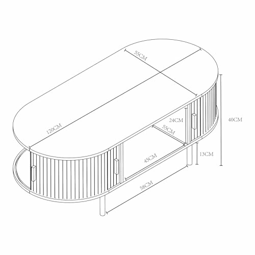 Schéma des dimensions d'une table basse ovale.